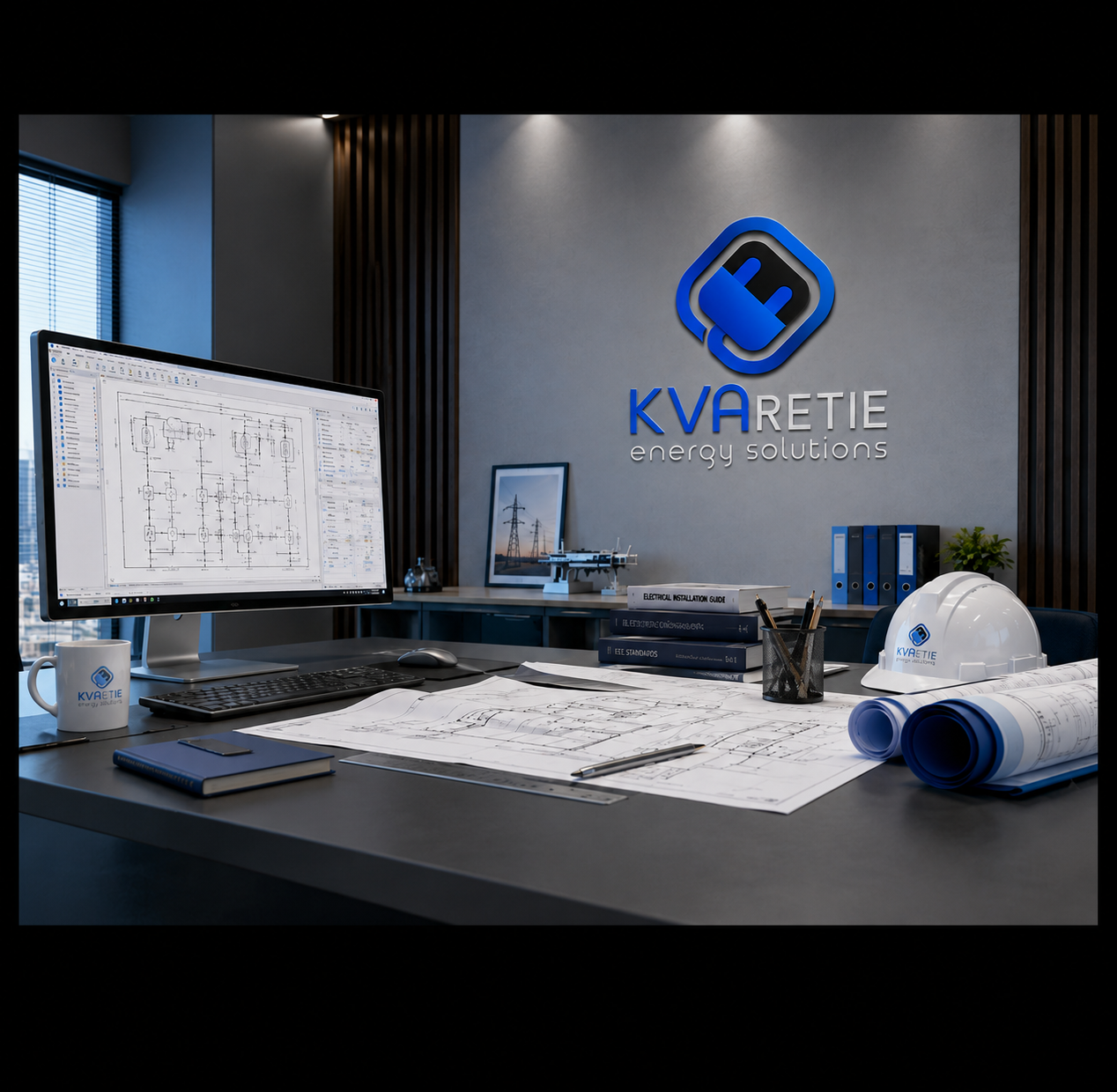 Oficina de ingeniería de KVARETIE con planos, diagramas unifilares y equipos de medición